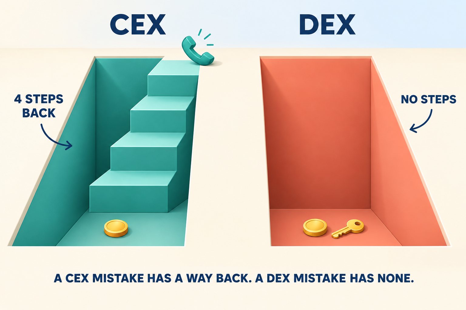 Two pits of the same depth side by side: the CEX pit has a four-step teal staircase climbing out of it and a telephone at the top, the DEX pit has a sheer coral wall with no steps at all, a stranded coin and a key