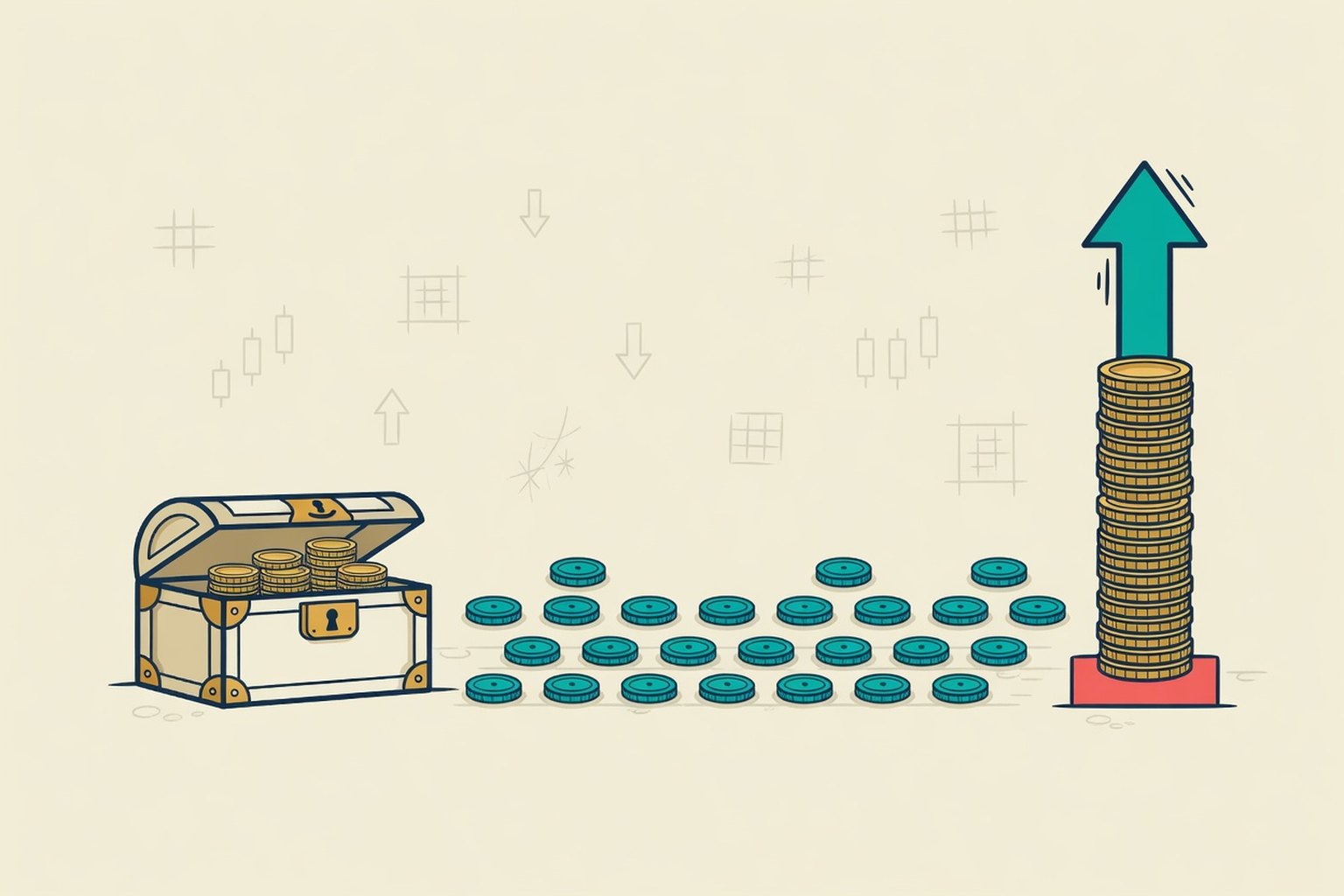 Editorial explainer graphic: a small vault of modest gold coins beside a row of tiny teal chips and one much taller gold stack with a teal upward arrow — capital preserved most of the time, rare concentrated size when conviction is high; illustration, not a photograph