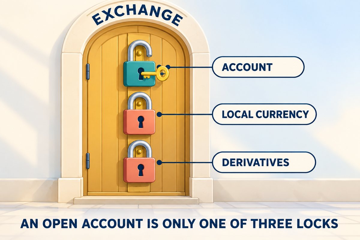 Illustration of an arched door labelled EXCHANGE with three padlocks stacked on it. The top padlock, labelled ACCOUNT, is teal and open with a key in it; the two below it, labelled LOCAL CURRENCY and DERIVATIVES, are coral and still locked, so the door stays shut. Caption across the bottom: AN OPEN ACCOUNT IS ONLY ONE OF THREE LOCKS