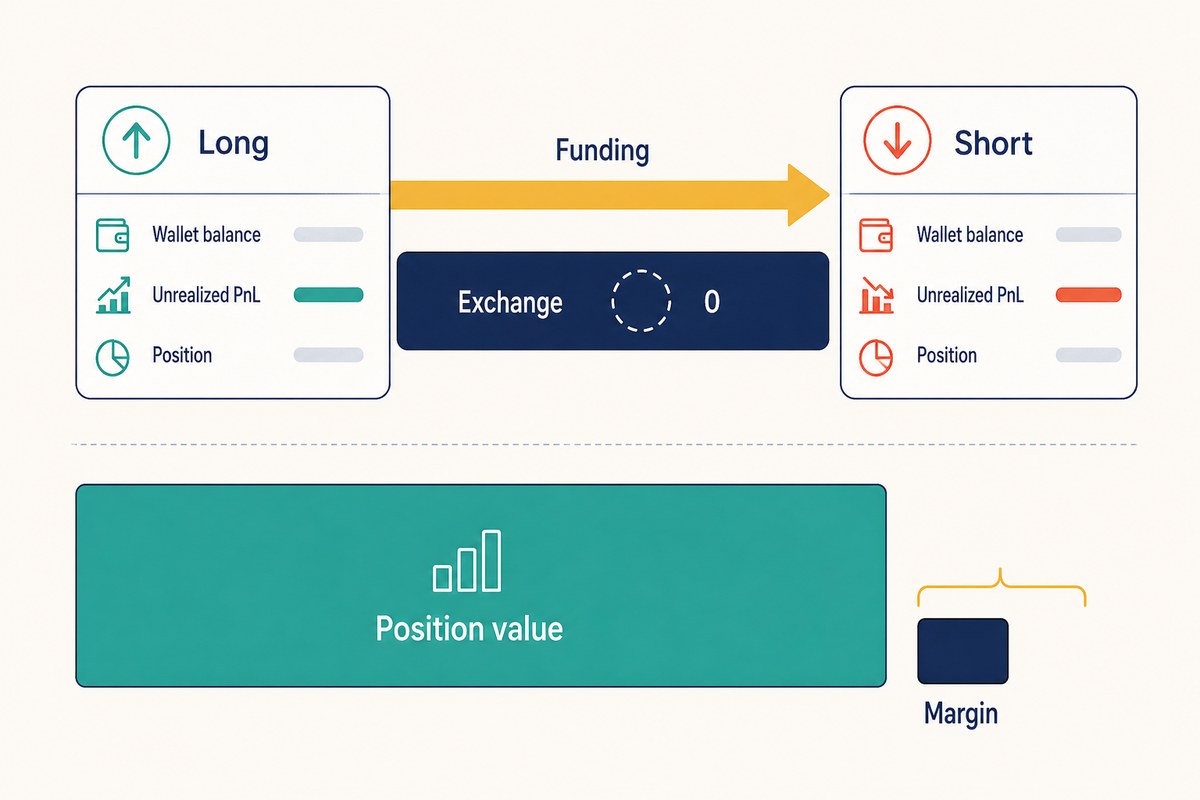 Funding flowing from a Long account card to a Short account card, with the exchange bar between them taking zero, and below it a large Position value block beside a much smaller Margin block
