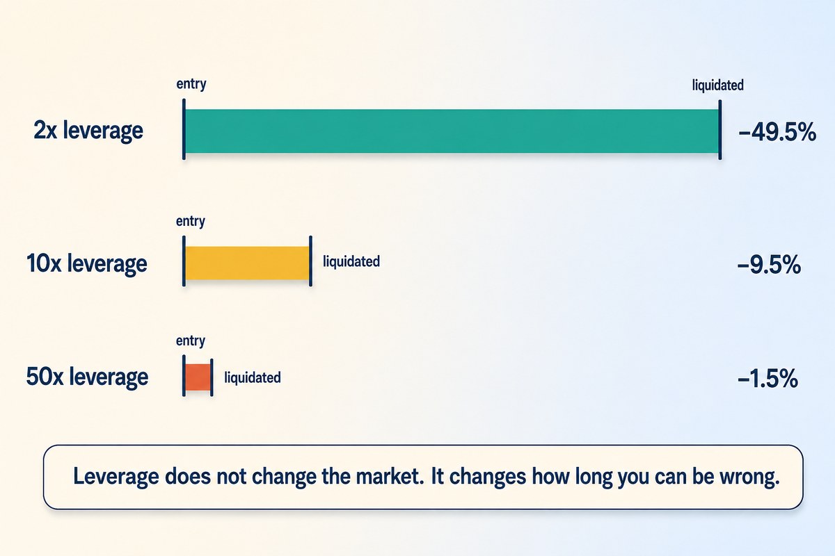 Liquidation distance shrinks from 49.5% at 2x to 9.5% at 10x to 1.5% at 50x