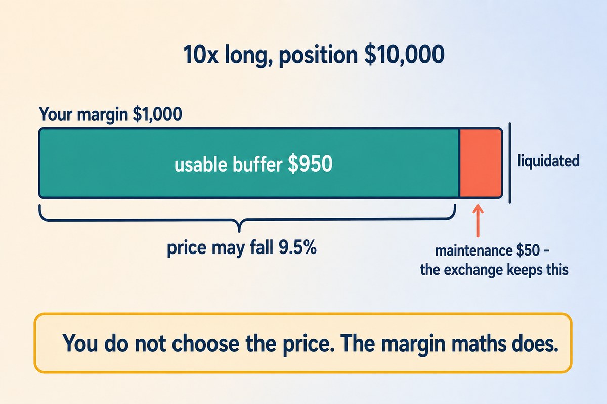 On a 10x long of $10,000 the $1,000 margin holds a $950 usable buffer and $50 maintenance