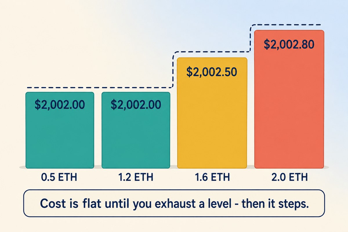 Four order sizes: 0.5 ETH and 1.2 ETH both fill at $2,002.00, 1.6 ETH at $2,002.50, 2.0 ETH at $2,002.80