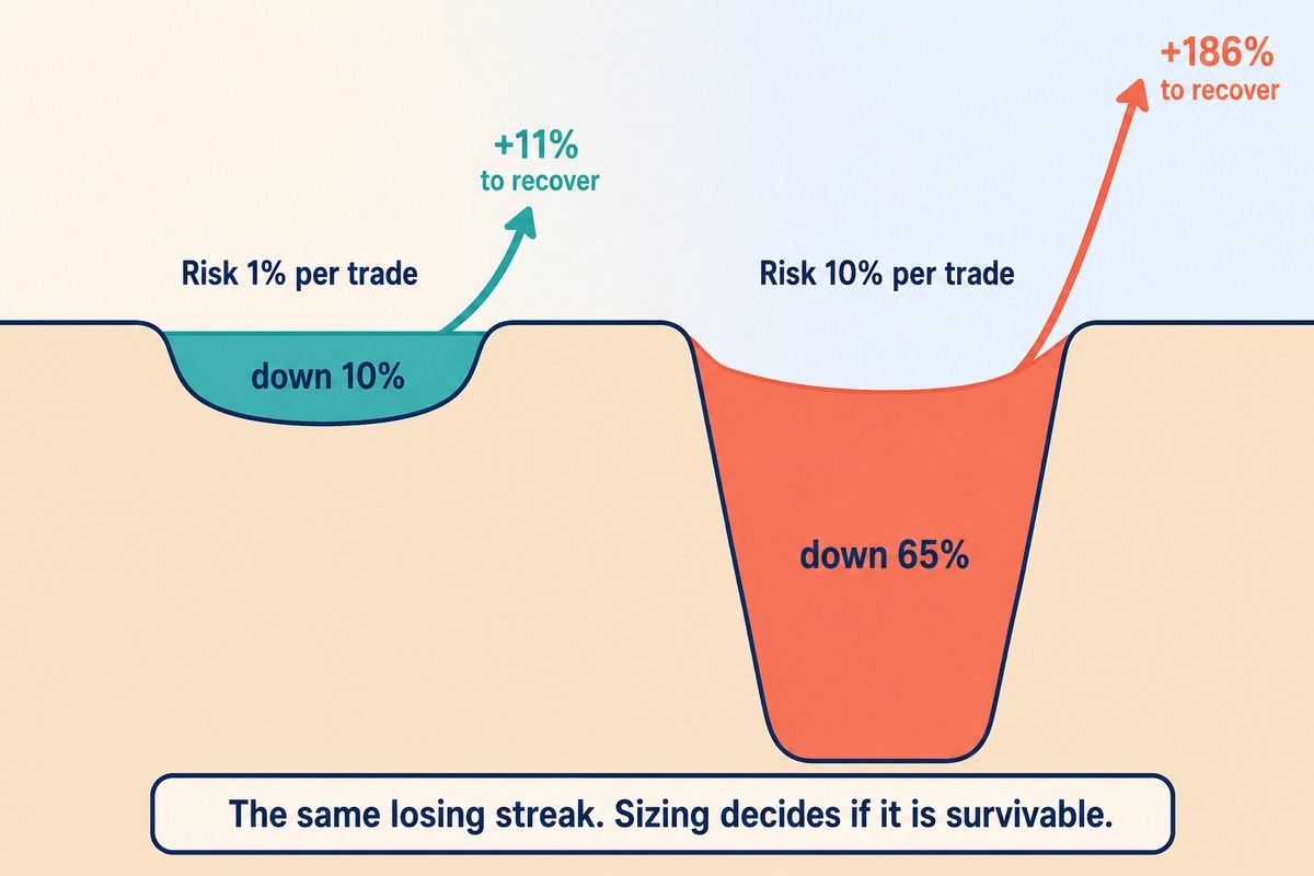 A ten-loss streak digs a 10% hole at 1% risk and a 65% hole at 10% risk