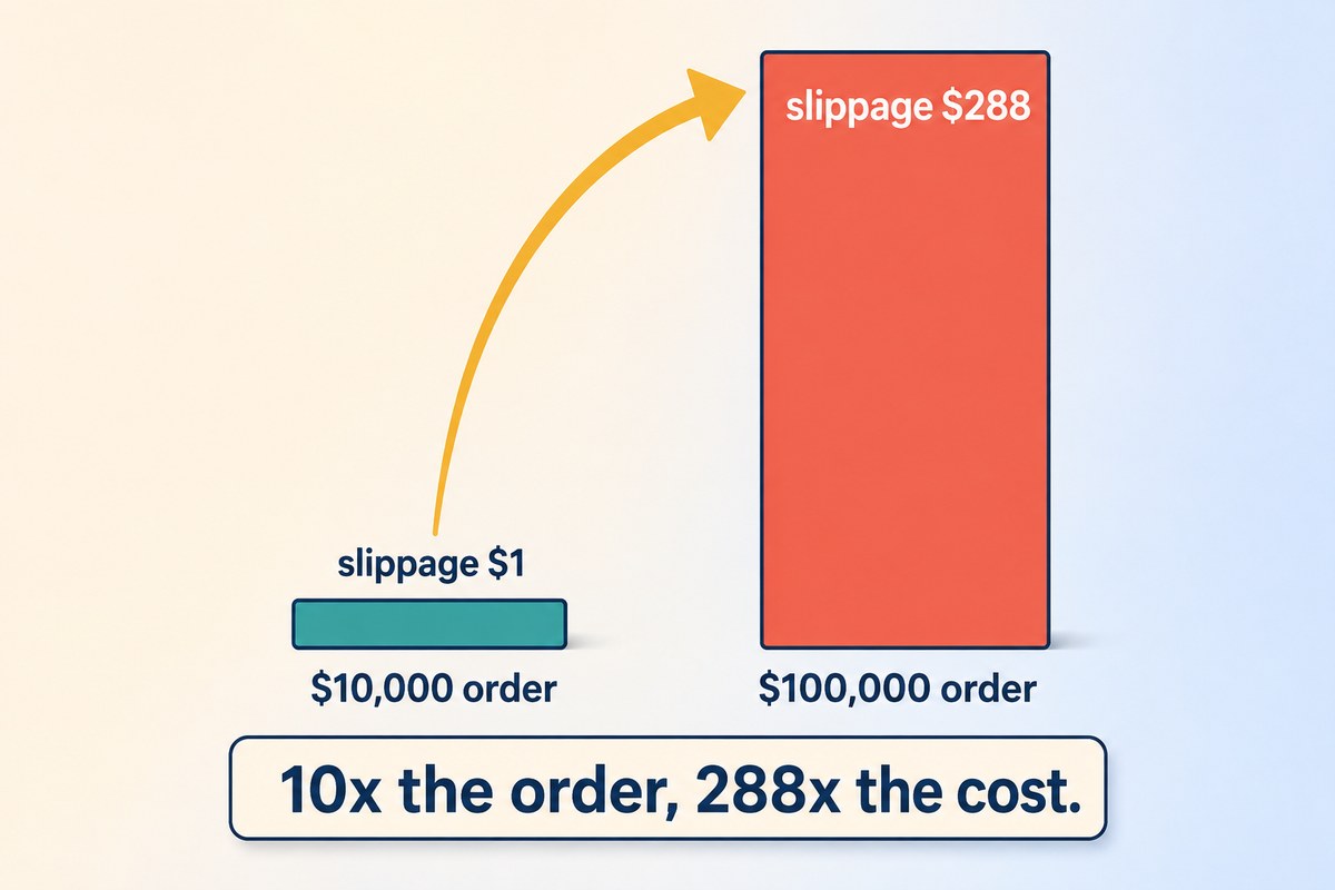 A $10,000 order costs $1 in slippage while a $100,000 order costs $288