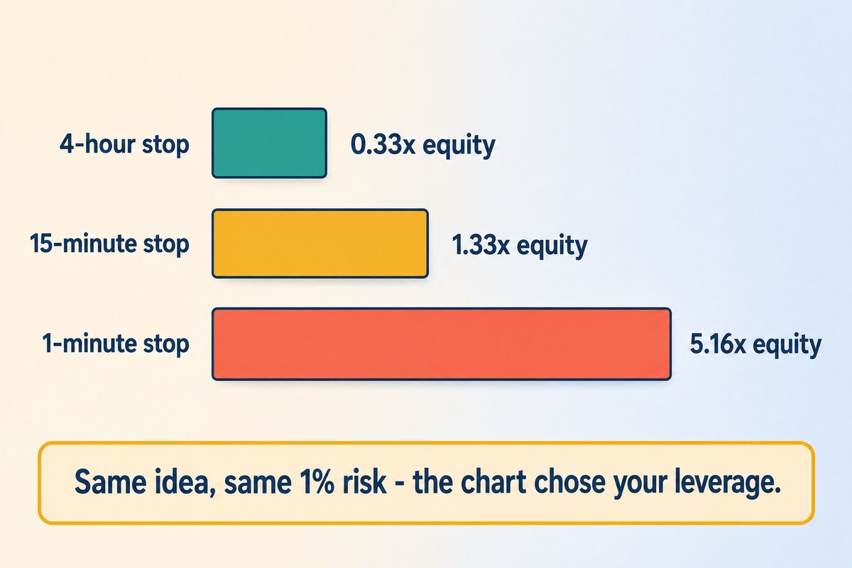 The same idea sized from a 4-hour, 15-minute and 1-minute stop gives 0.33x, 1.33x and 5.16x equity