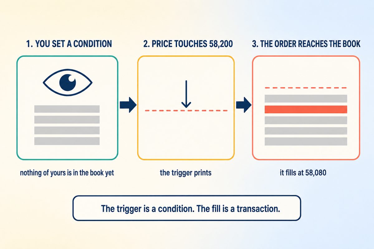 Three steps: you set a condition, price touches 58,200 and the trigger prints, then the order reaches the book and fills at 58,080