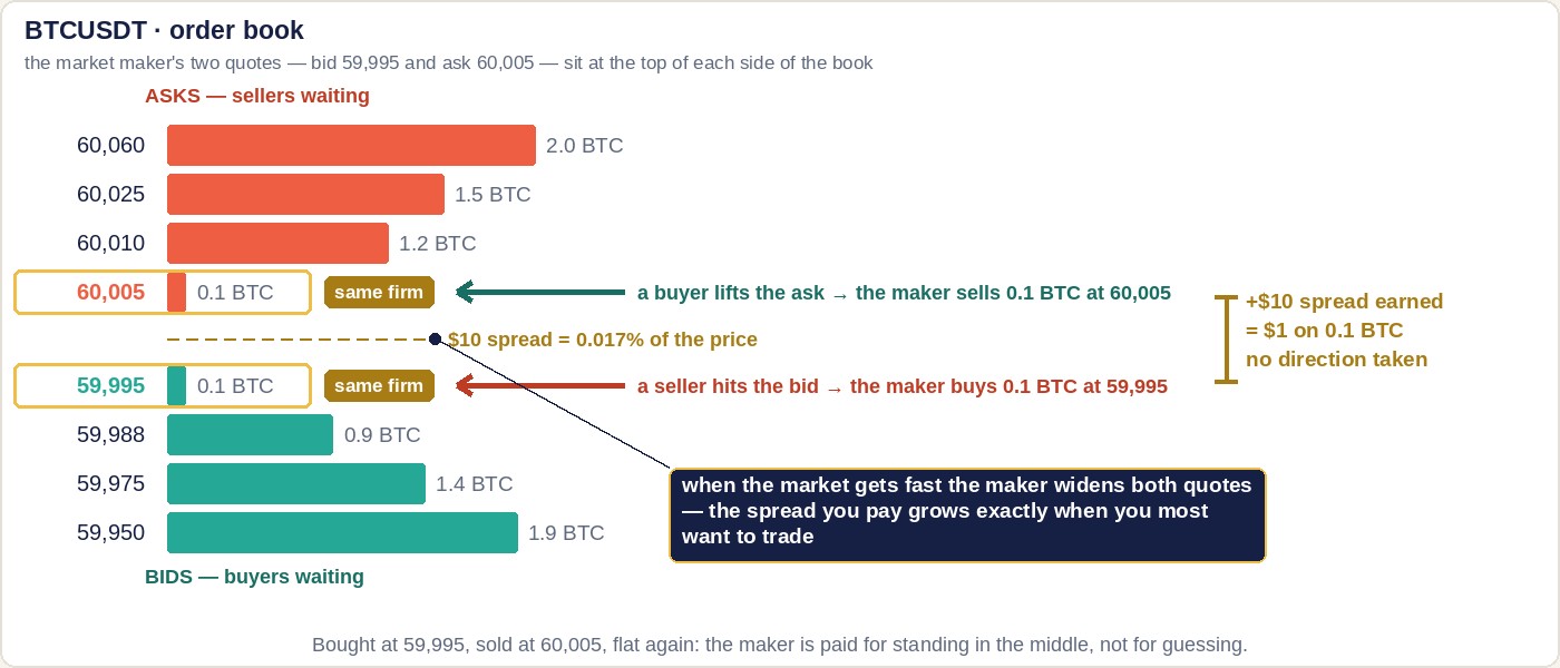 Order-book panel headed BTCUSDT order book with four coral ask rows at 60,060, 60,025, 60,010 and 60,005 and four teal bid rows at 59,995, 59,988, 59,975 and 59,950, sizes drawn as bar lengths. The 60,005 ask and the 59,995 bid are outlined in gold and tagged same firm, a teal arrow shows a buyer lifting the ask, a coral arrow shows a seller hitting the bid, a gold ruler between the two quotes reads plus 10 dollars spread earned, 1 dollar on 0.1 BTC, no direction taken, and a callout says the maker widens both quotes when the market gets fast