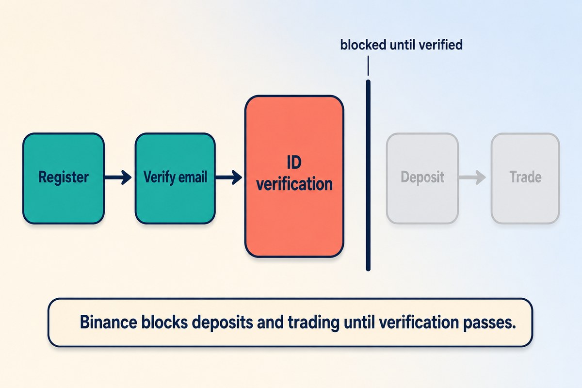 Register and verify email are open, ID verification blocks deposit and trade until it passes