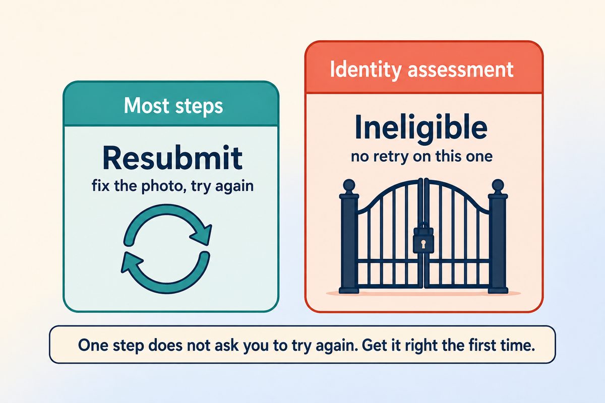 Most verification steps let you resubmit; the Identity Assessment returns ineligible with no retry