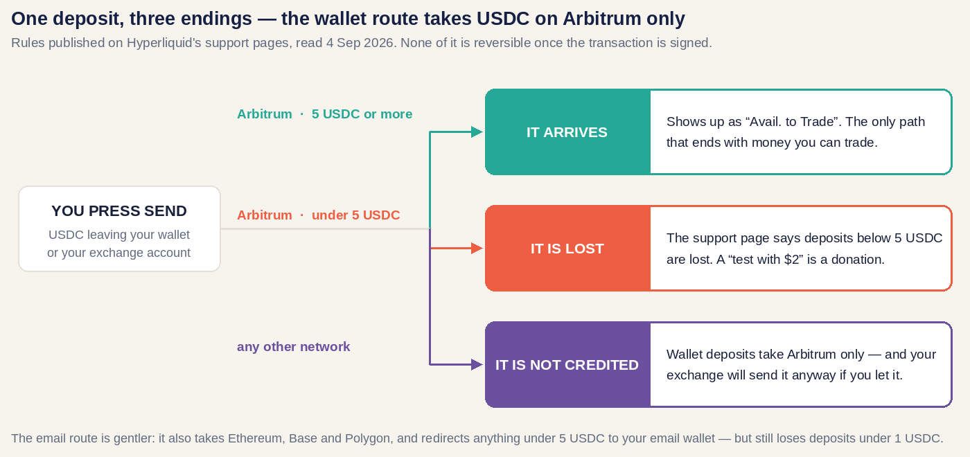One deposit branching into three endings: USDC on Arbitrum of 5 USDC or more arrives, under 5 USDC is lost, and USDC on any other network is not credited
