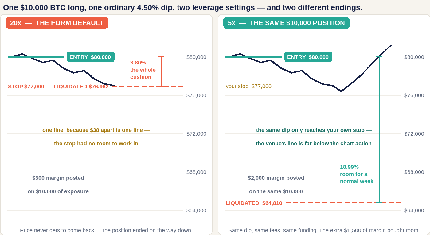 The same 4.50% dip on two price panels drawn to the same scale: at 20x the price line stops at the liquidation level of $76,962, at 5x the same line dips to $76,400 and recovers, with liquidation far below at $64,810