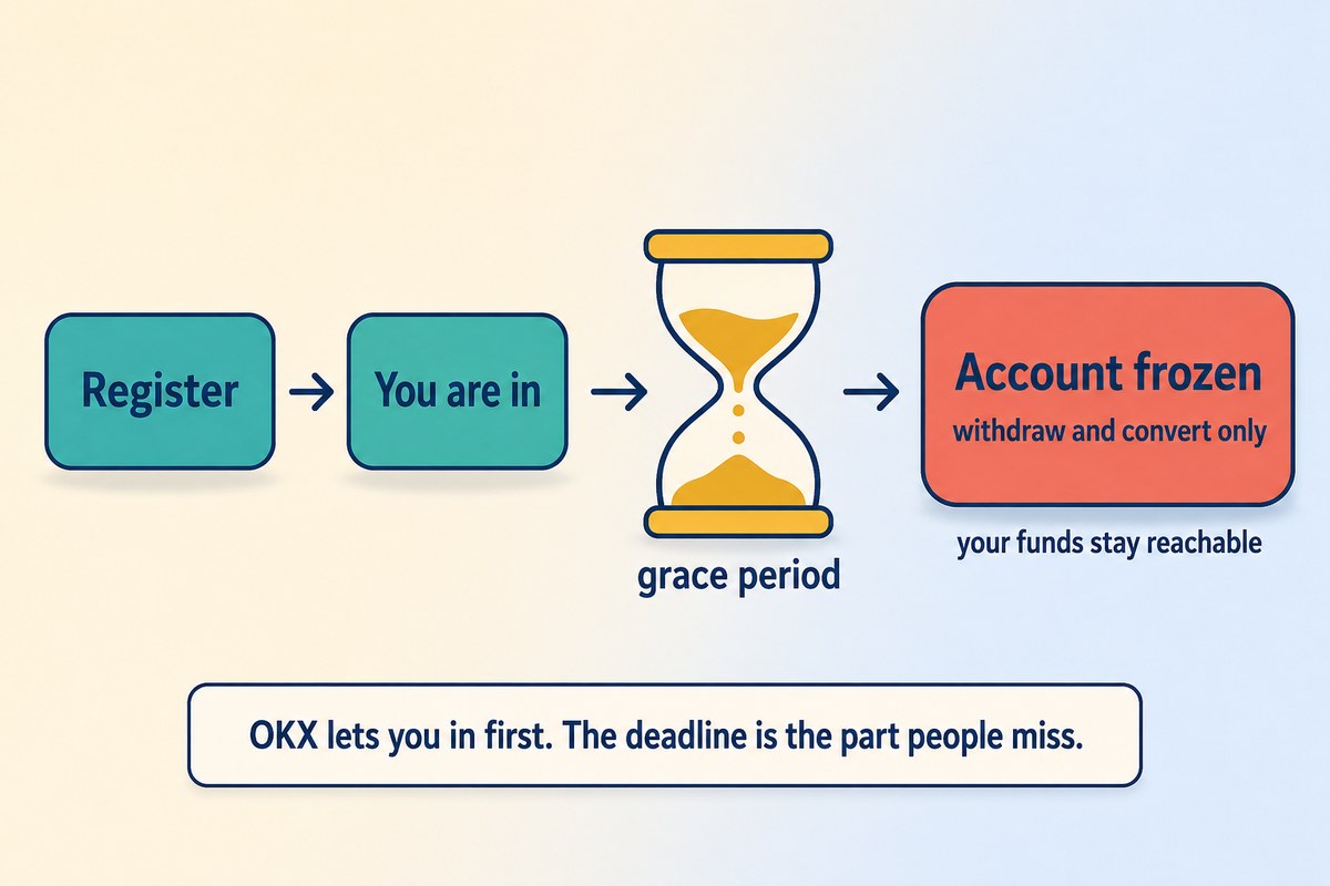 Register, you are in, grace period, then the account freezes into withdraw and convert only