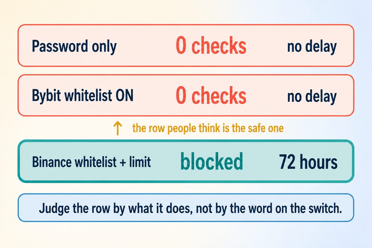 Password only and Bybit whitelist on both give zero checks and no delay; Binance whitelist plus limit blocks for 72 hours