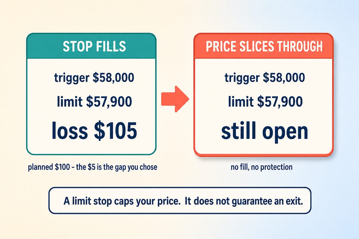 Same stop-limit order, two outcomes: it fills for a 105 dollar loss, or price slices through and the position is still open