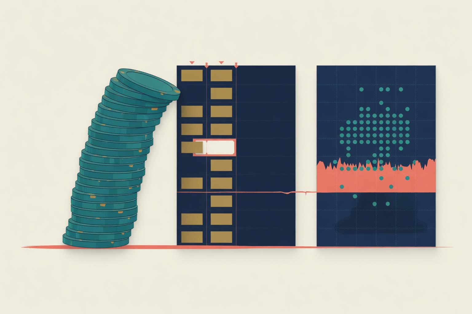 Editorial explainer graphic: tall teal leverage chip tower over a thin coral buffer, sparse gold night order-book blocks with gaps, and a navy heatmap of crowded teal dots above a coral danger zone; illustration, not a photograph