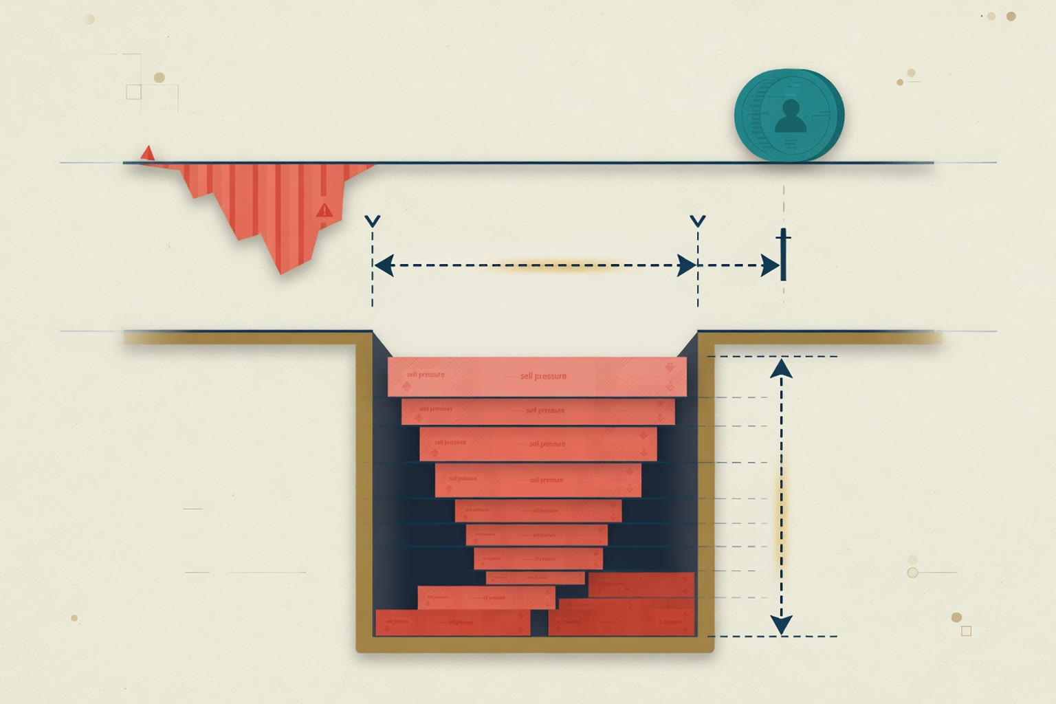 Editorial explainer graphic: horizontal price track with a teal trader token, coral liquidation cliff, dashed navy distance bracket, and a deeper cascade fuel well of stacked coral forced-sell tiers; illustration, not a photograph