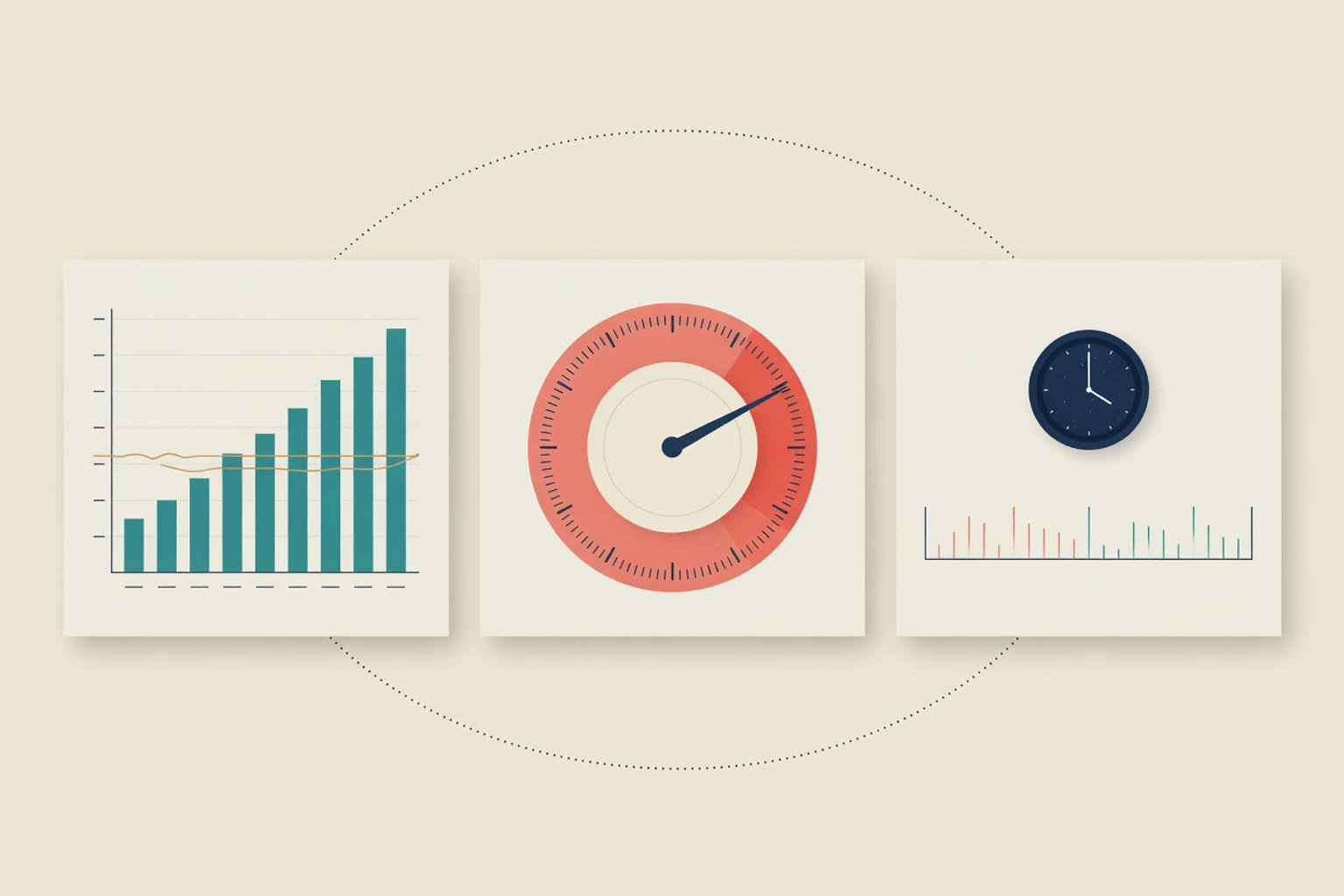 Editorial explainer graphic: rising teal open-interest bars beside a flat gold price line, a circular funding gauge needle in the coral zone, and a night-clock over a thin order-book strip; illustration, not a photograph