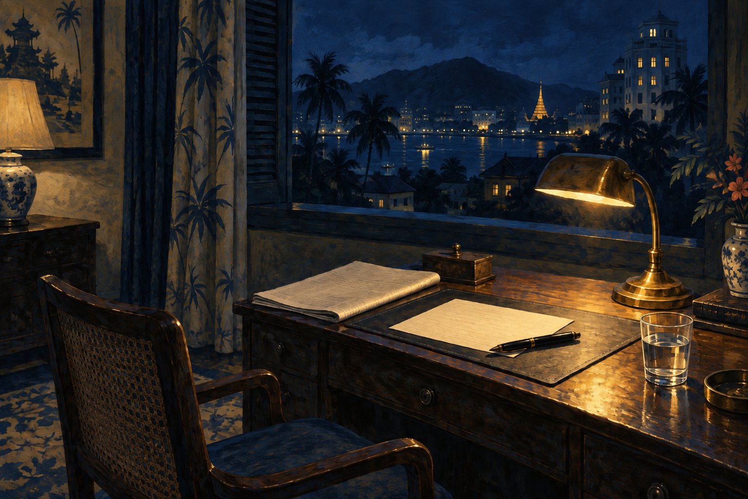 Illustration of a 1950s hotel writing desk at night in a tropical Asian port city: a brass lamp lighting a blank sheet of paper and a fountain pen on a leather blotter, a folded newspaper beside them, an empty cane chair pushed back, and a lamplit harbour with palm trees through the open window — an illustration, not a photograph