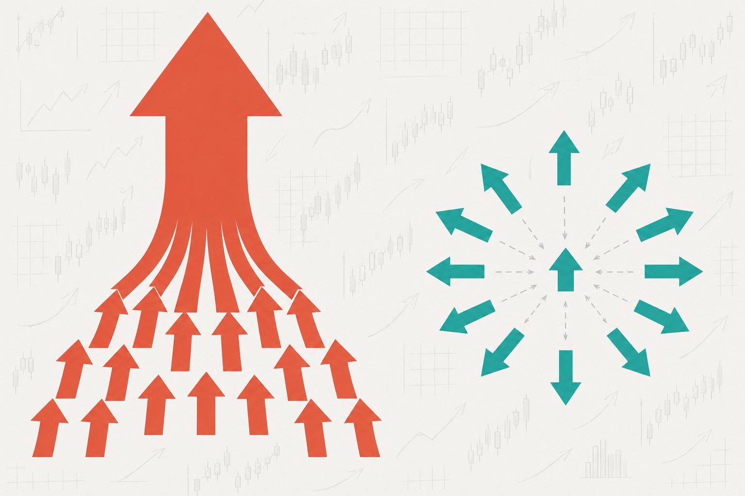 Explainer graphic: on the left a dense cluster of coral arrows all pointing upward, their tails merging into one very large coral arrow; on the right a ring of teal arrows of the same size pointing outward in every direction, with only one small teal arrow left at the centre