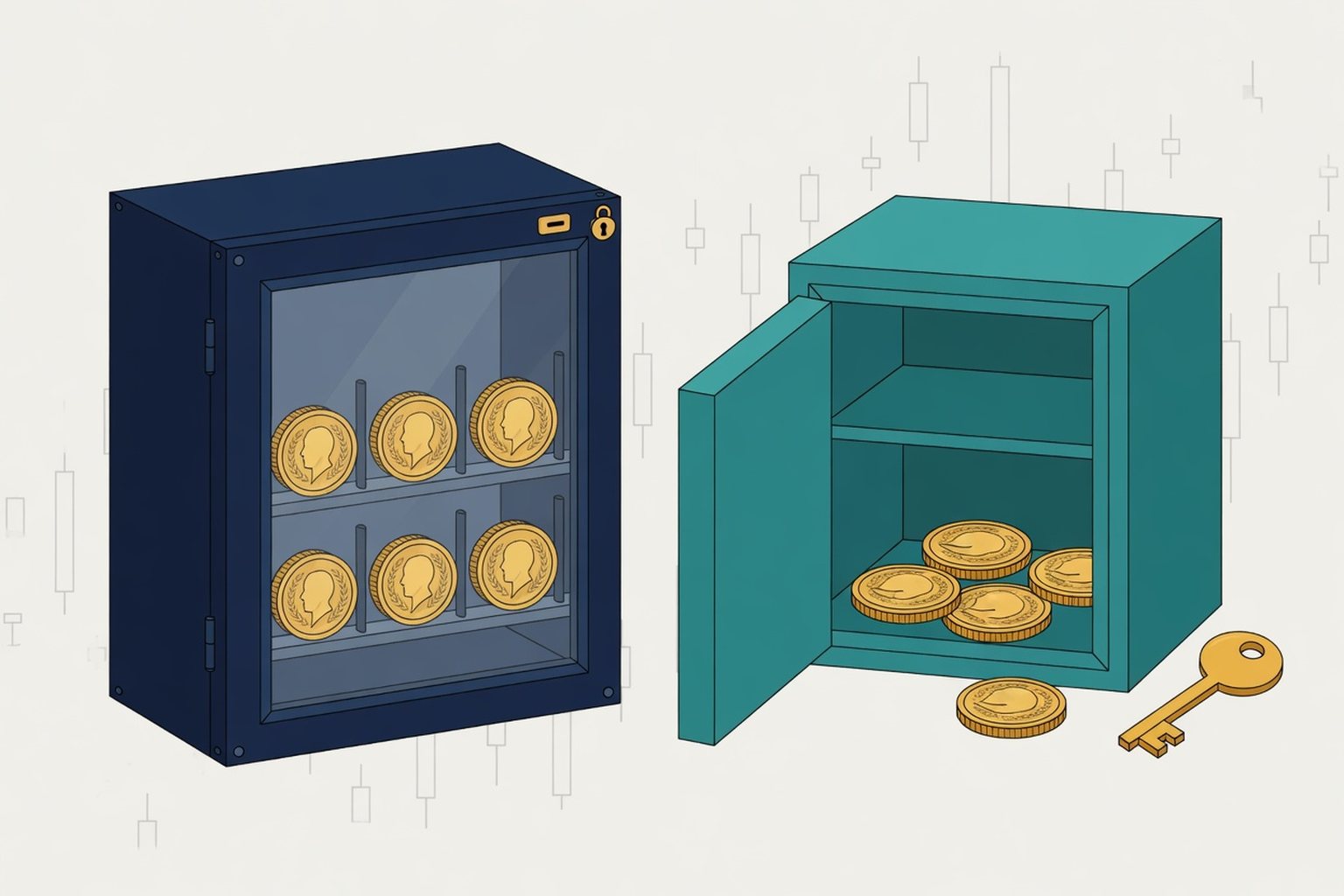 Editorial explainer graphic: gold coins locked behind glass in a navy cabinet, beside gold coins loose in an open teal vault with a key; illustration of exchange custody versus a wallet you control, not a photograph
