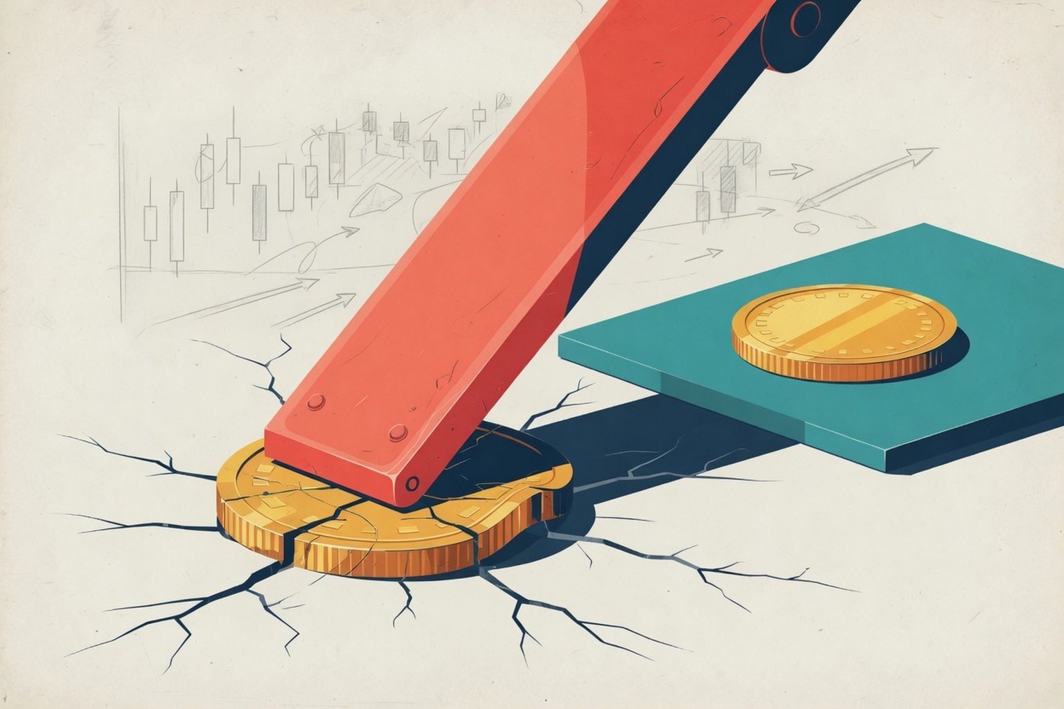 Editorial explainer graphic: a huge coral lever cracking a gold coin into the ground, while a second gold coin sits untouched on a teal slab; illustration of leverage crushing an account while spot keeps the coin, not a photograph