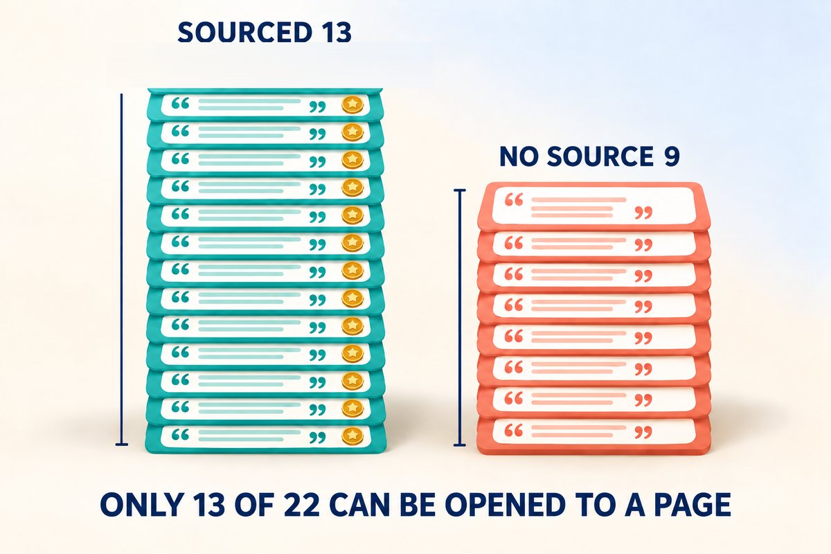Two stacks of quotation-mark cards: a taller teal stack of 13 carrying source stamps beside a shorter coral stack of 9 with empty corners