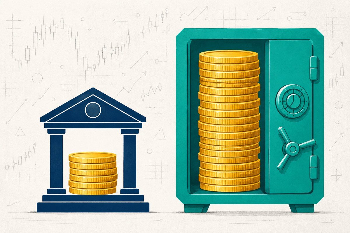 Graphic comparing a small stack of coins inside an exchange building with a much larger stack inside a personal safe
