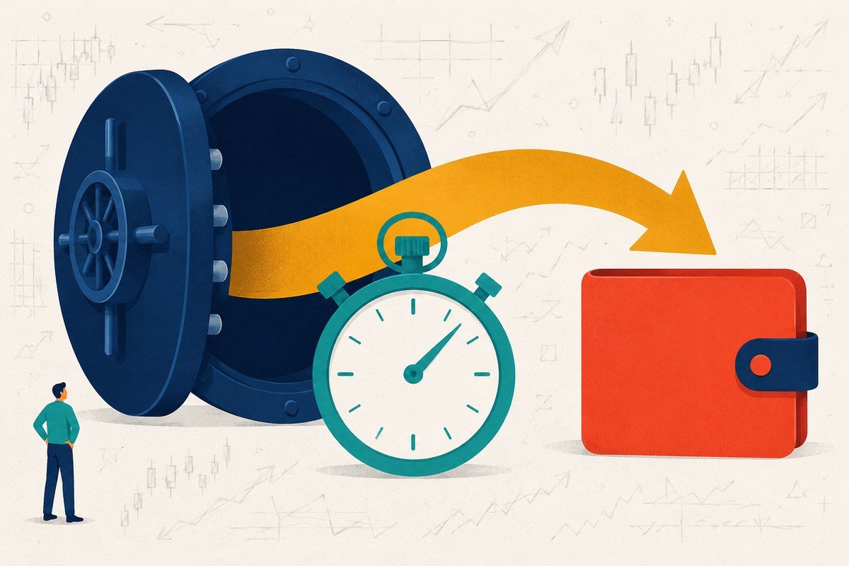 Graphic of coins moving out of a vault toward a wallet beside a stopwatch, representing timing a test withdrawal from a crypto exchange