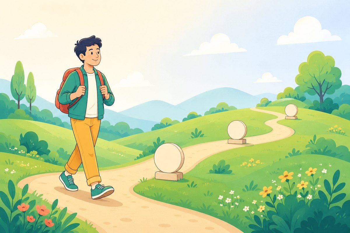 Illustration of a trader walking a 90-day learning path past three milestone markers before committing real capital