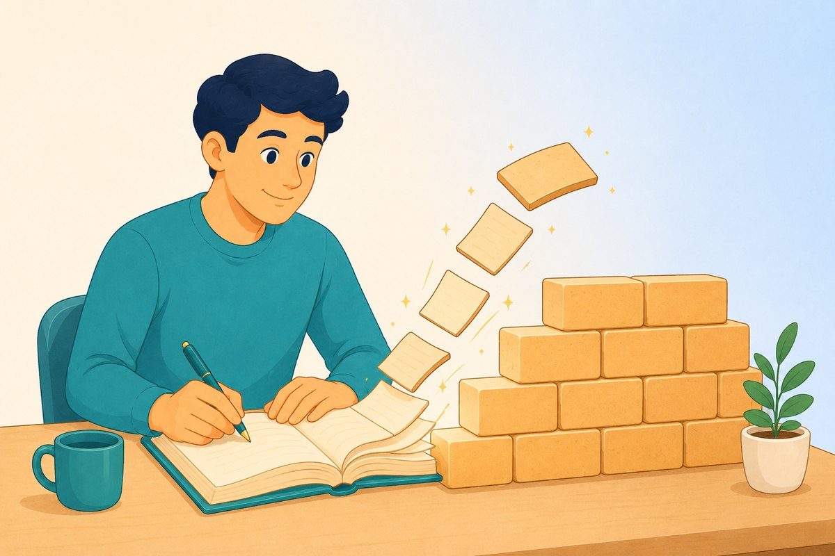 Illustration of a trader writing in a journal while each written page becomes a brick building a solid wall