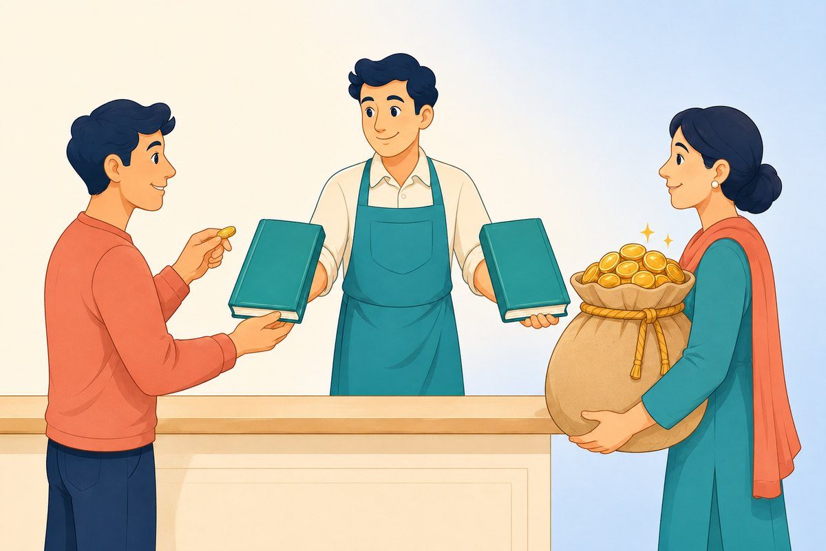 Illustration of two traders buying the same lesson at wildly different prices, one paying a single coin and one paying a heavy sack of coins