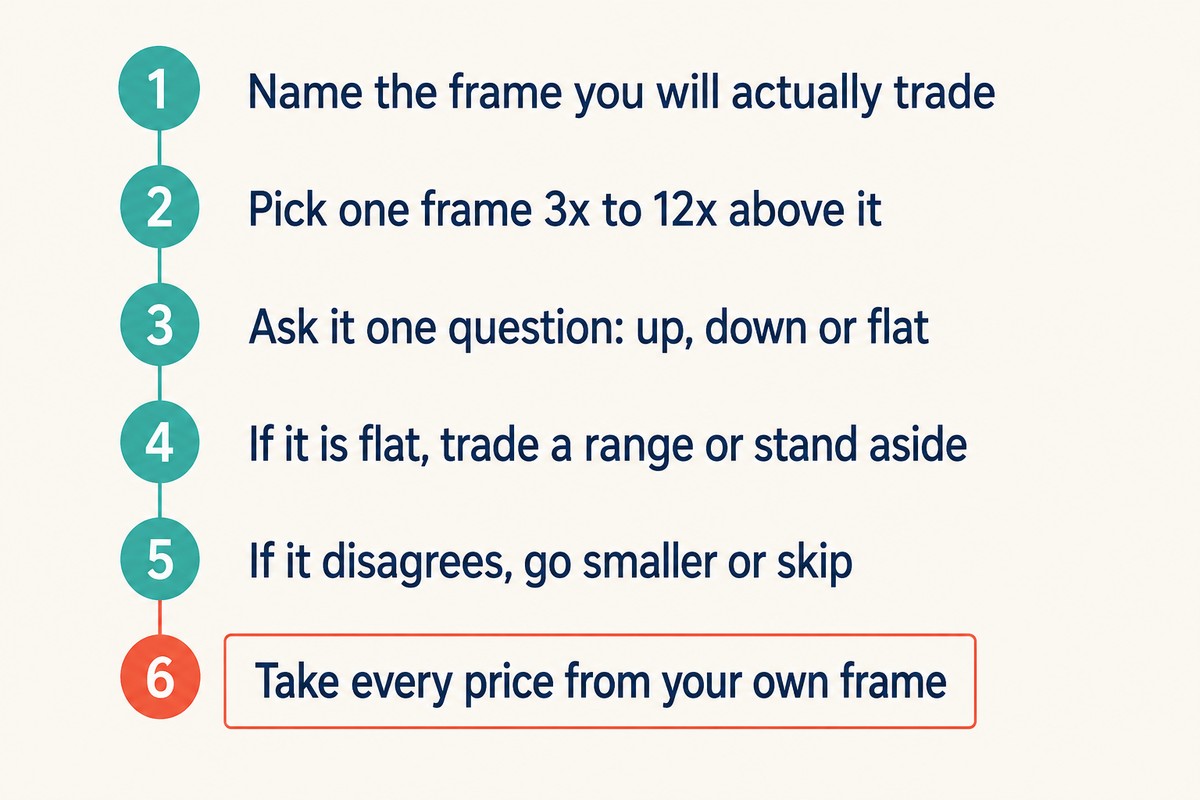 A six step numbered checklist for running a multi-timeframe check, with the last step marked as the warning