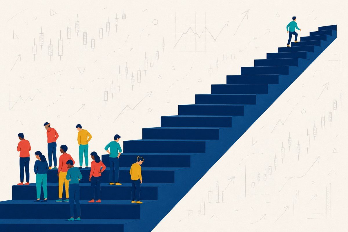 Graphic of nine traders crowded on the bottom steps of a long staircase while a single one keeps climbing near the top