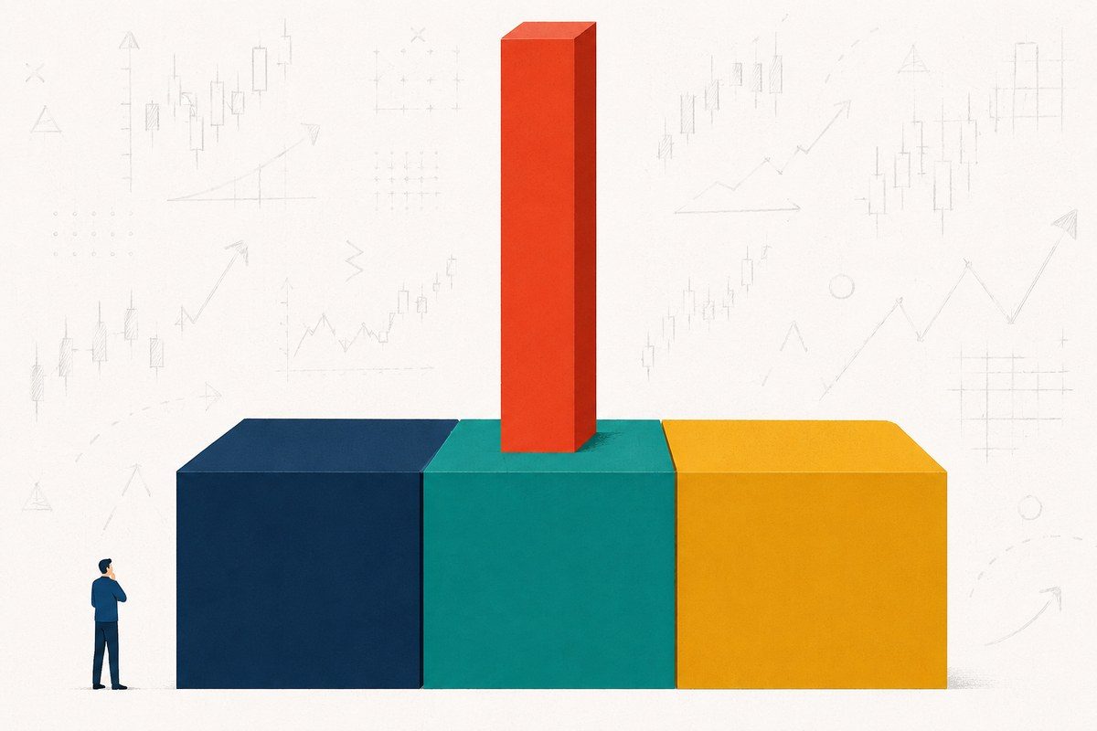 Graphic of three heavy foundation blocks carrying a single slim column, representing fixed risk, a written journal and patience