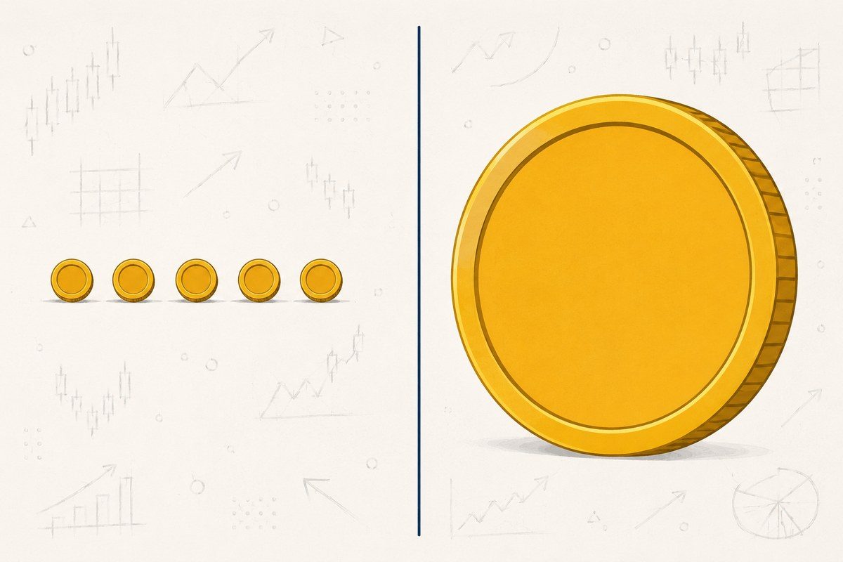 Graphic comparing five small coins paid in instalments against one enormous coin, representing tuition paid to the market in small or large amounts