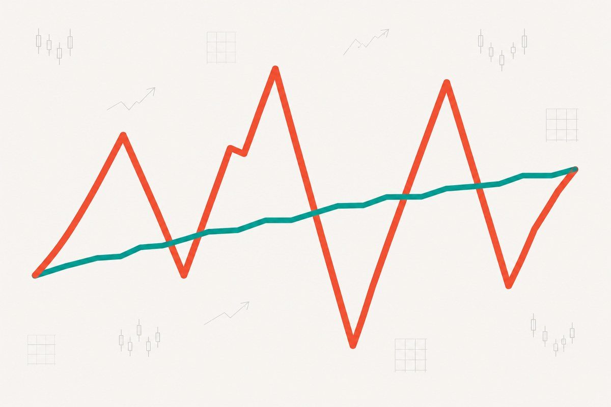 Graphic of two equity curves reaching the same endpoint, one rising in small steady increments and one through violent spikes and drops