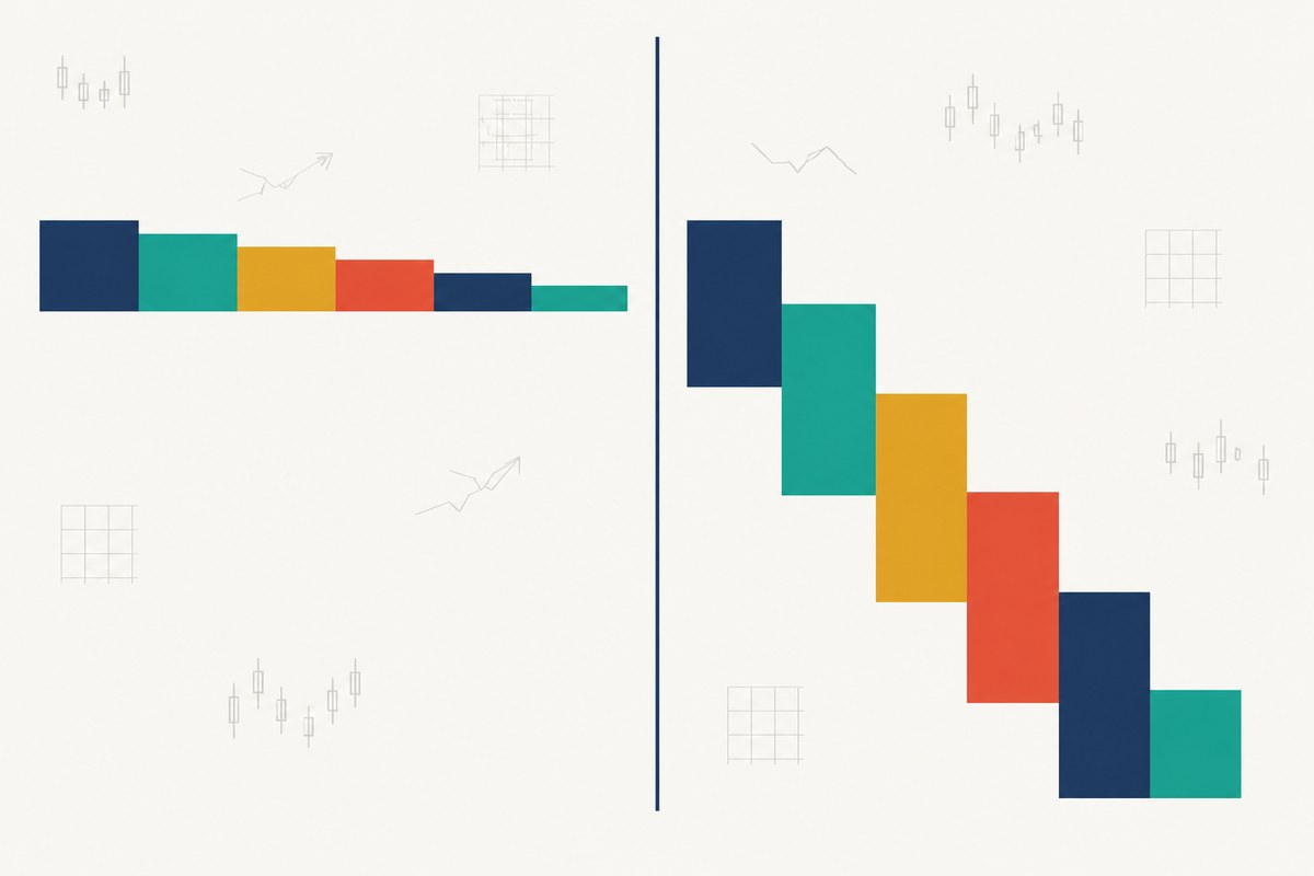 Graphic comparing the same six-loss streak at two position sizes: shallow steps ending high versus steep steps plunging to the floor
