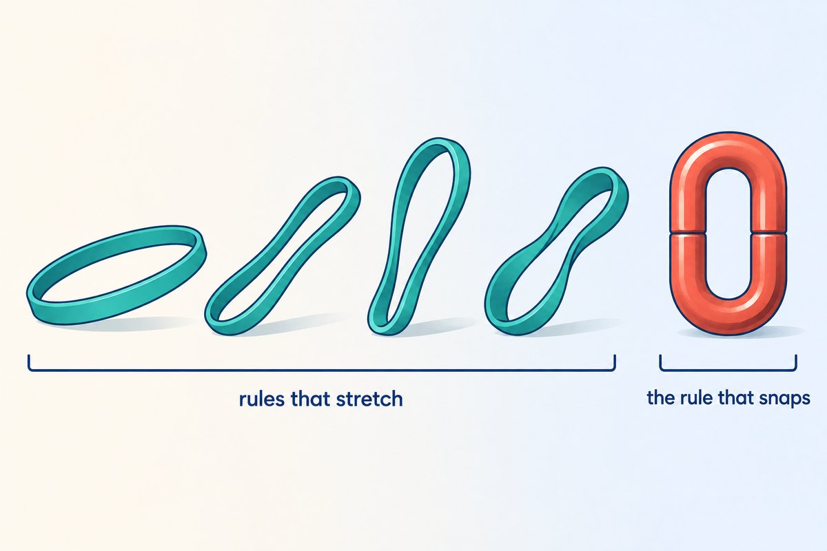 Flat vector illustration on a light cream background: four teal rubber bands in a row, each stretched wide and bending, labelled under a navy bracket as rules that stretch; to their right a thick rigid coral steel chain link that does not bend at all, labelled under a shorter navy bracket as the rule that snaps.