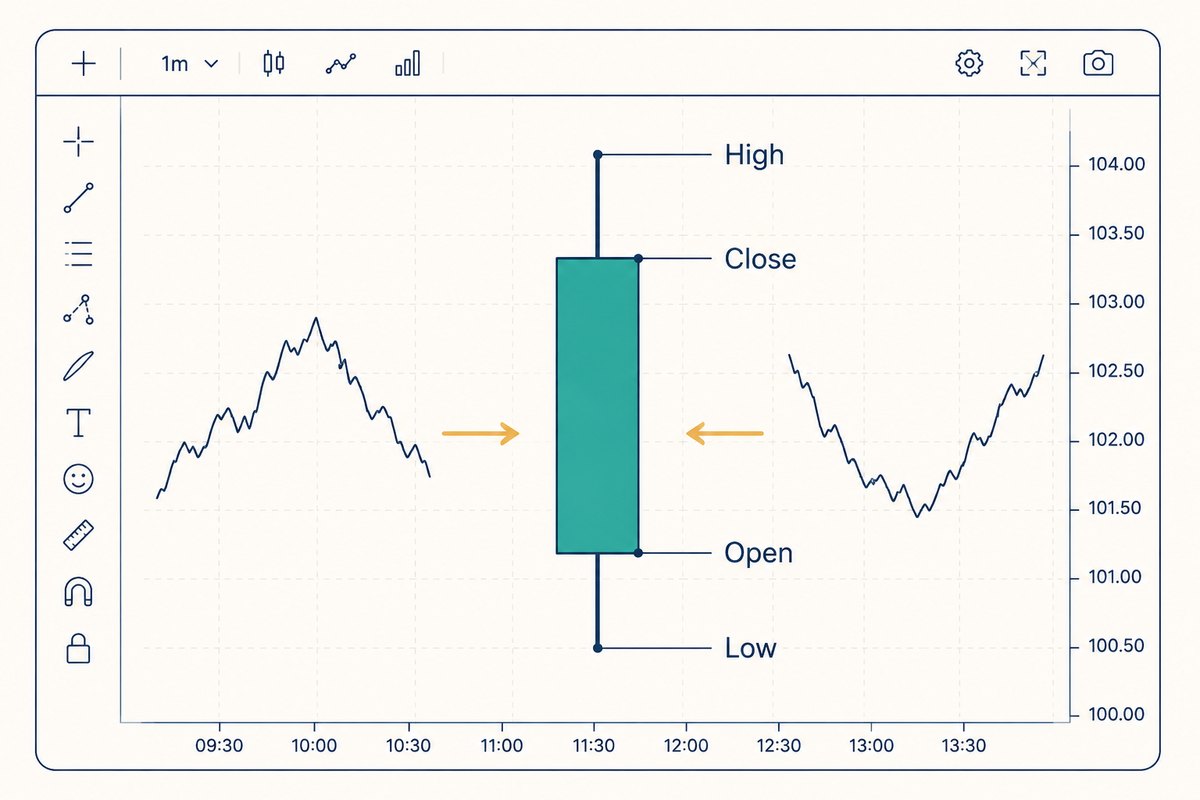 A TradingView-style chart screen with one large green candlestick, its high, close, open and low each labelled against the price scale on the right, and small intraday price lines on either side