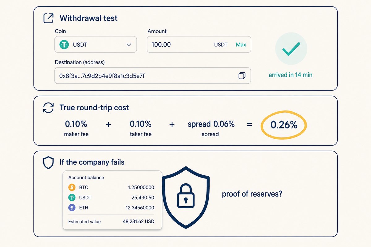 Three exchange due-diligence checks shown as app cards: a test withdrawal that arrived in 14 minutes, a round-trip cost breakdown totalling 0.26%, and an account balance behind a proof-of-reserves shield