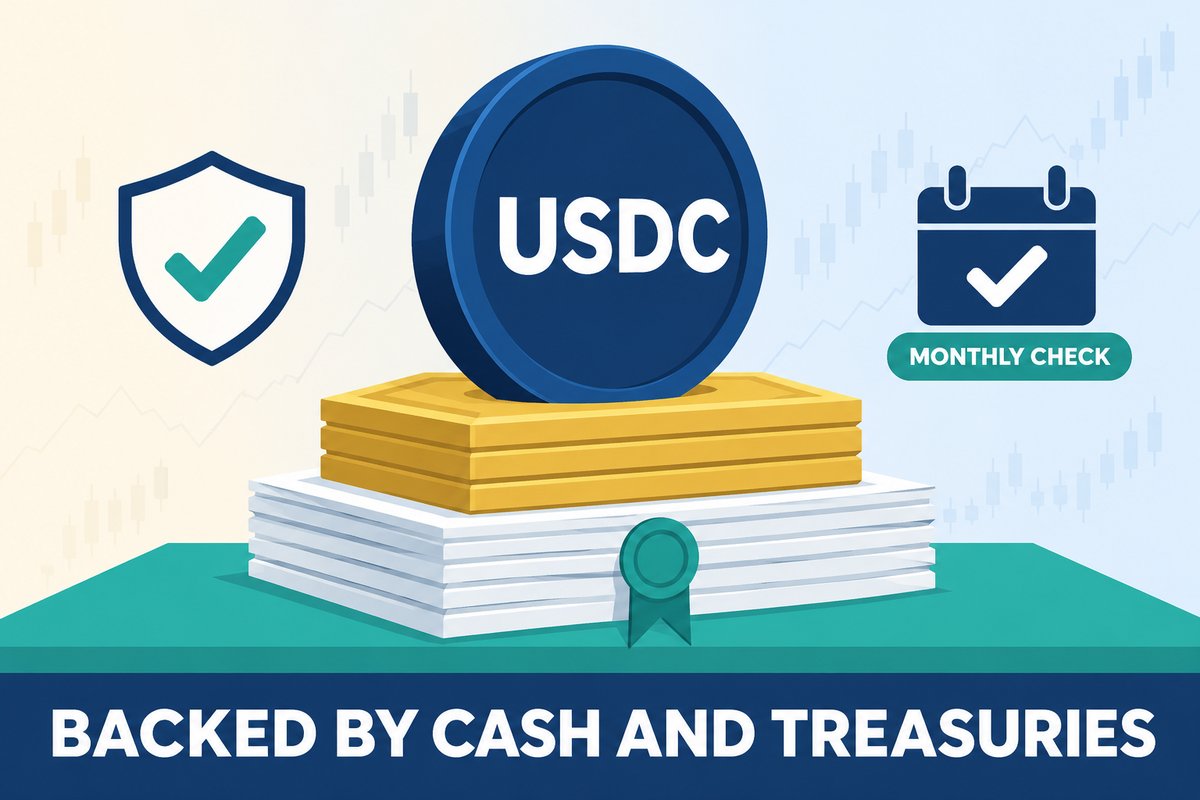 Flat-vector illustration for USDC: a navy coin marked USDC standing on a stack of gold banknote slabs over a wider stack of white documents with a teal seal, a shield with a check on the left and a calendar with a checkmark tagged MONTHLY CHECK on the right; caption reads BACKED BY CASH AND TREASURIES.
