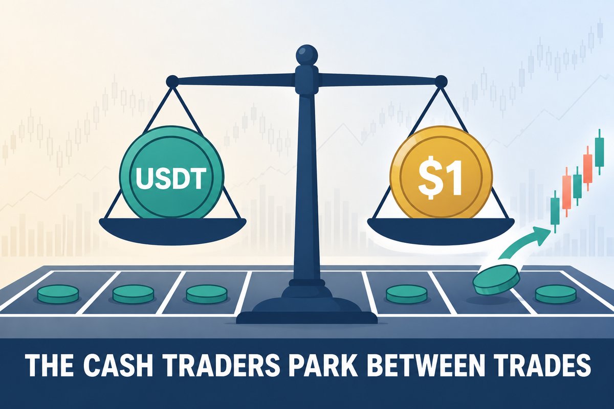Flat-vector illustration for Tether: a level balance scale with a teal coin marked USDT on one pan and a gold coin marked $1 on the other, above a parking lot of small coins with one leaving toward a chart; caption reads THE CASH TRADERS PARK BETWEEN TRADES.