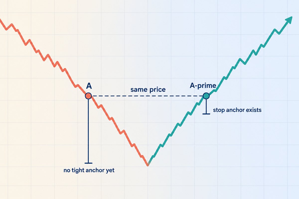 Flat vector illustration on a light cream to pale blue background: a single price line falls from the upper left in coral to a V-shaped low at the bottom centre, then rises in teal to the upper right. A coral dot labelled A sits on the falling side and a teal dot labelled A-prime sits on the rising side, joined by a navy dashed horizontal line labelled same price. A short navy bracket drops from the A-prime dot to a dash labelled stop anchor exists; a much longer navy bracket drops from the A dot far down to a dash labelled no tight anchor yet.