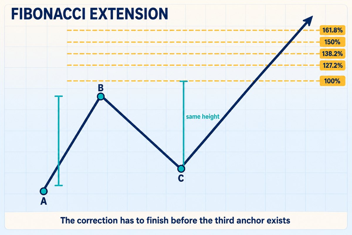 Schematic of a Fibonacci extension: a navy price line rises from anchor A to peak B, pulls back to C, then climbs away. Five dashed gold lines above the peak carry tags 100%, 127.2%, 138.2%, 150% and 161.8%. Two teal brackets of the same height show that the 100% rung is the A-to-B rise measured again from C; caption reads: the correction has to finish before the third anchor exists