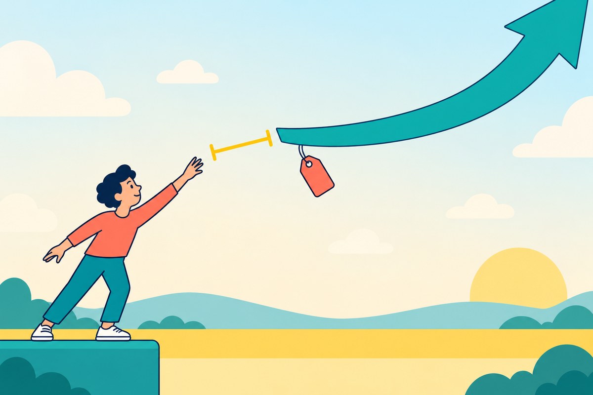 Flat vector illustration on a bright cream-to-pale-blue background: a small figure stands on a low teal platform at the left with one arm stretched up and forward, reaching toward a bold teal arrow that curves steeply upward and leaves the top right corner of the frame, with a honey-yellow measuring bracket marking the empty gap between the fingertips and the arrow, and a blank coral price tag hanging from the tail of the arrow on a short string