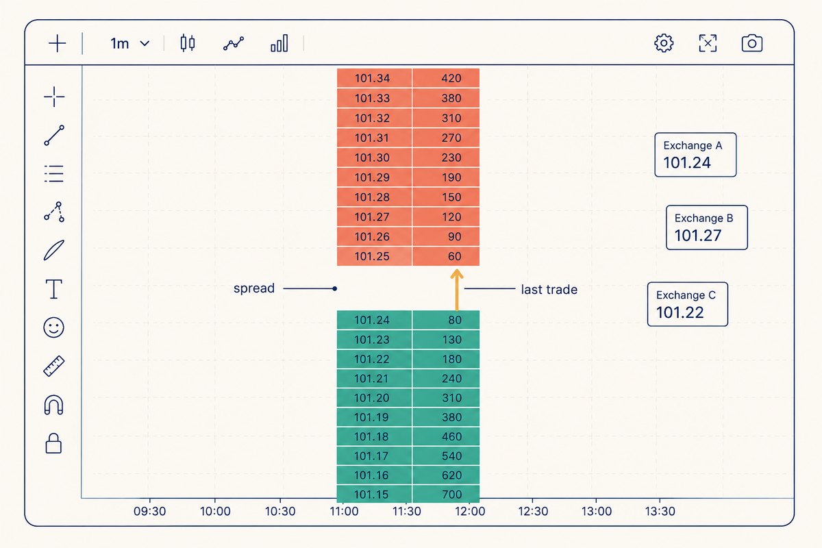 TradingView-style panel showing an order-book ladder: ten red ask rows from 101.25 up to 101.34 with their sizes, ten teal bid rows from 101.24 down to 101.15, the one-tick spread labelled between them, a gold arrow marking the last trade crossing from the best bid to the best ask, and three tags on the right reading Exchange A 101.24, Exchange B 101.27 and Exchange C 101.22 to show each exchange prints its own price.