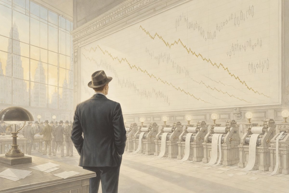 Illustration of a 1920s trader watching a falling market on a Wall Street trading floor, evoking Jesse Livermore and the 1929 crash