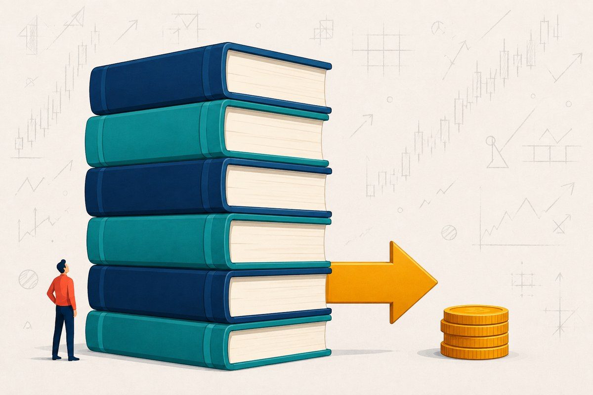 Graphic of a tall stack of books connected by a gold arrow to a small stack of coins, representing building knowledge capital before trading capital