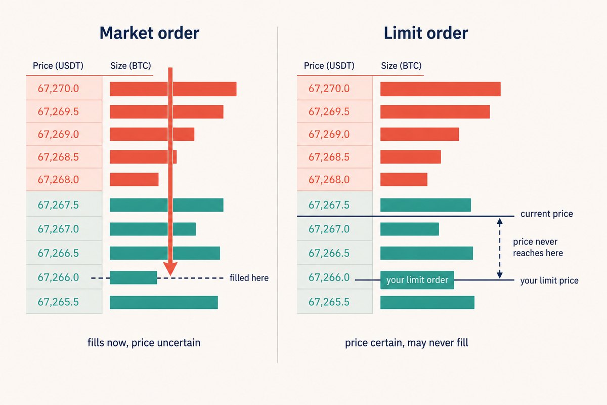 Two order books side by side: a market order filling immediately at a worse price, and a limit order resting at a fixed price that the market never comes down to reach